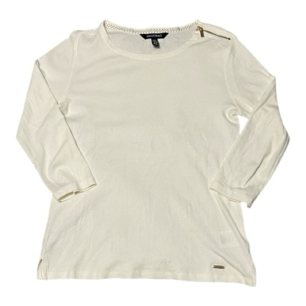 Ellen Tracy Women's Cream Long Sleeve Top with Gold Zipper Accent EUC